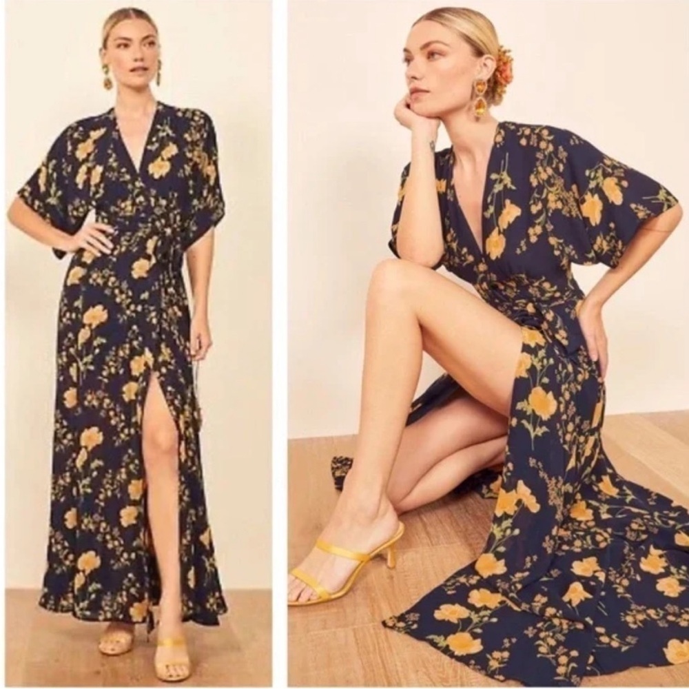 Reformation Reformation Winslow Dress  Navy Blue yellow Bernadette maxi wrap S